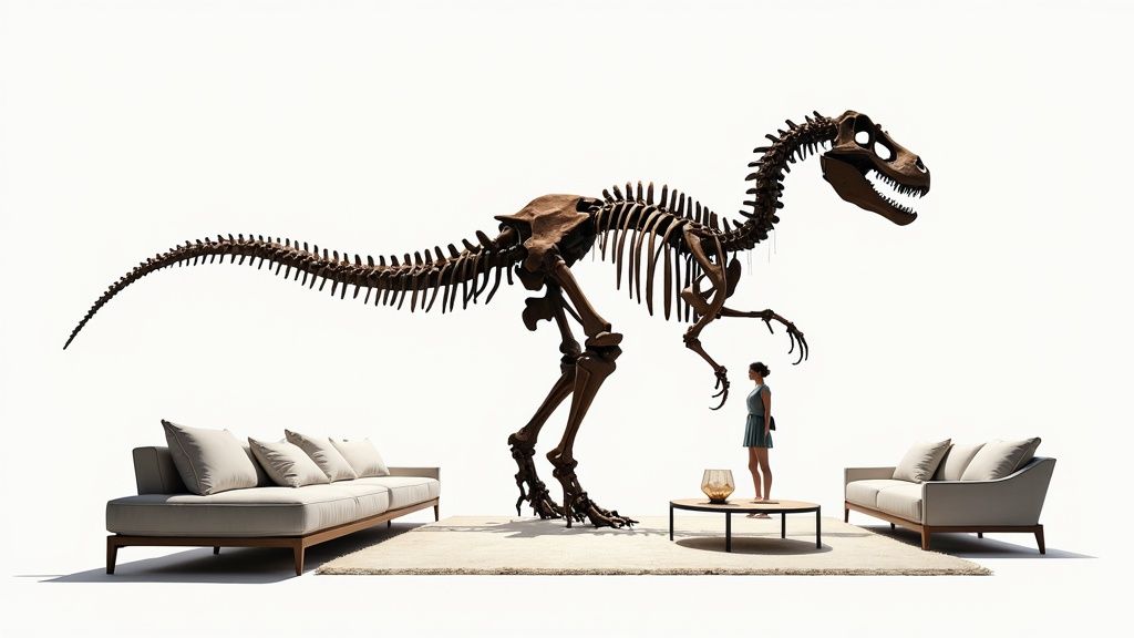 A massive dinosaur skeleton stands in a modern, minimalist living room with a woman and sofas.