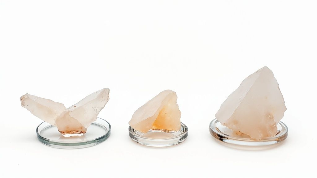Two mineral samples, one calcite and one quartz, being examined with a magnifying glass.