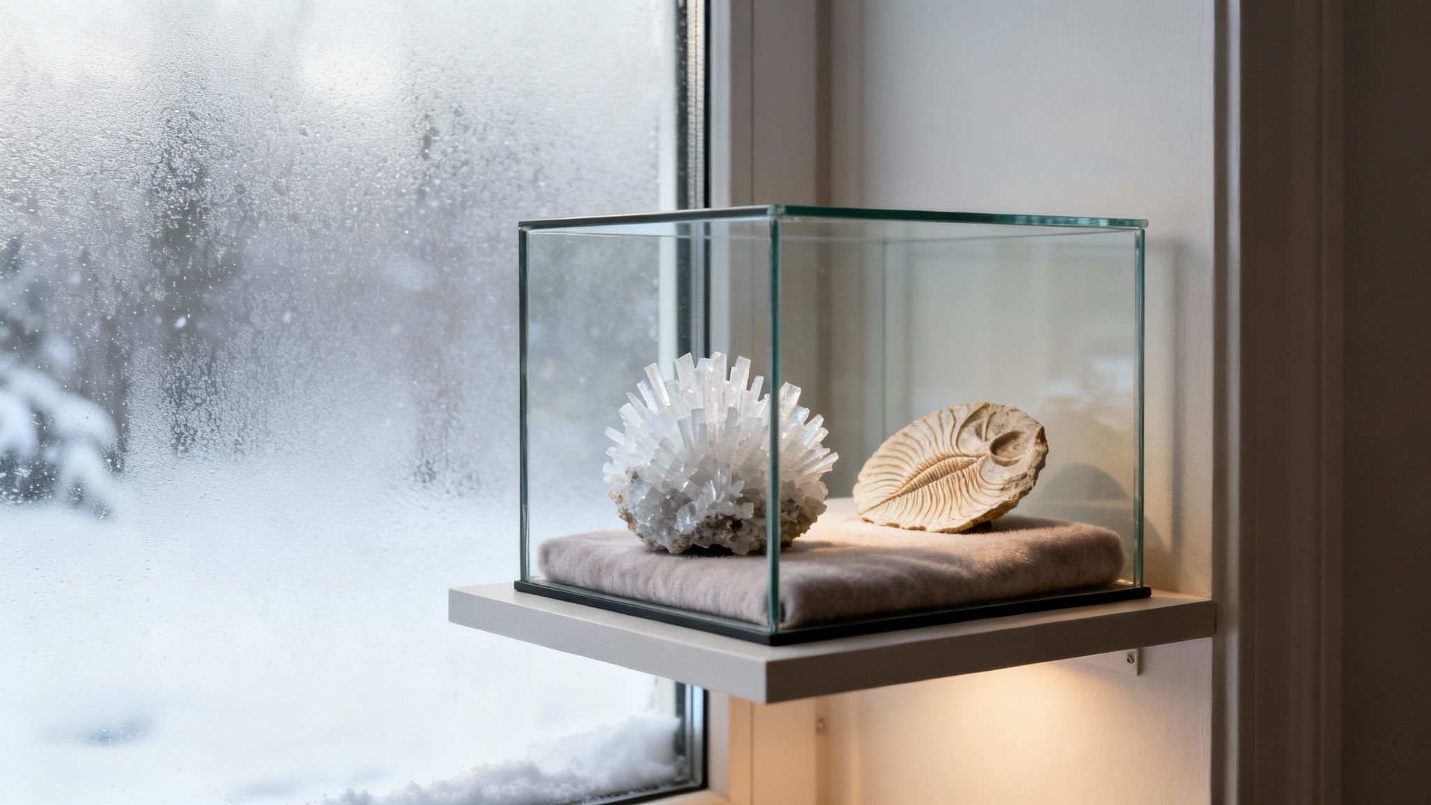 Crystal and fossil display on a shelf by a frosted window, showcasing winter's cold beauty.