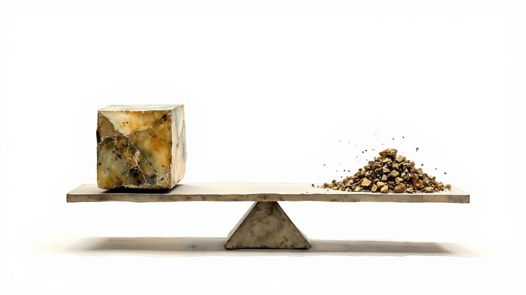 A hand holding a high-quality pyrite cluster with sharp, well-defined crystals and a bright metallic luster.