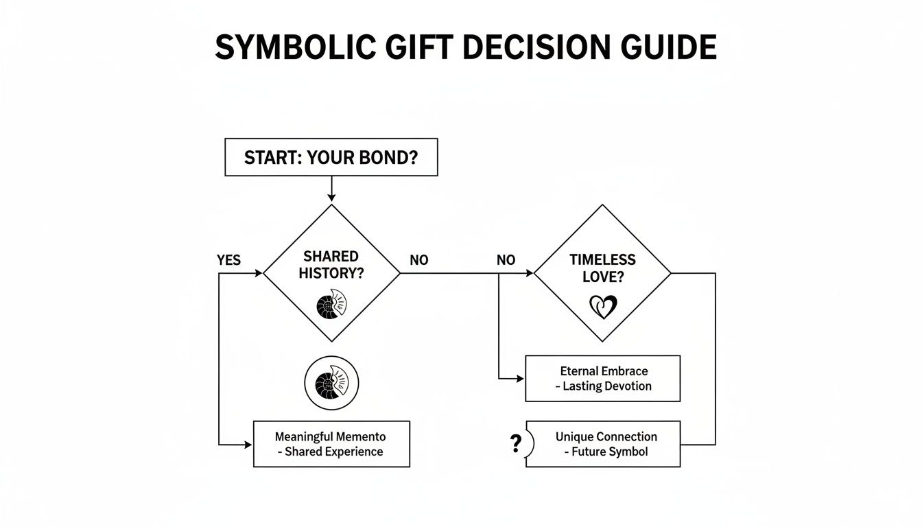 A flowchart titled 'Symbolic Gift Decision Guide' outlining choices based on shared history and timeless love.