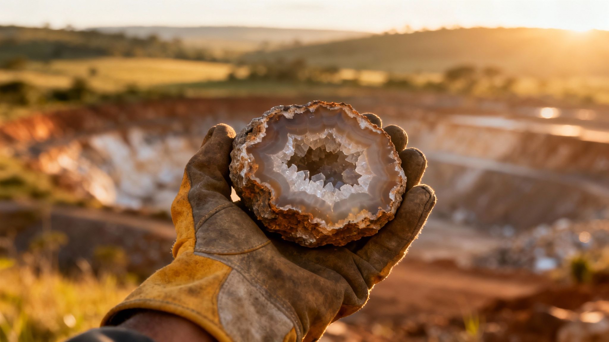 A gloved hand proudly displays a sparkling agate geode with quartz crystals at a sunset mine.