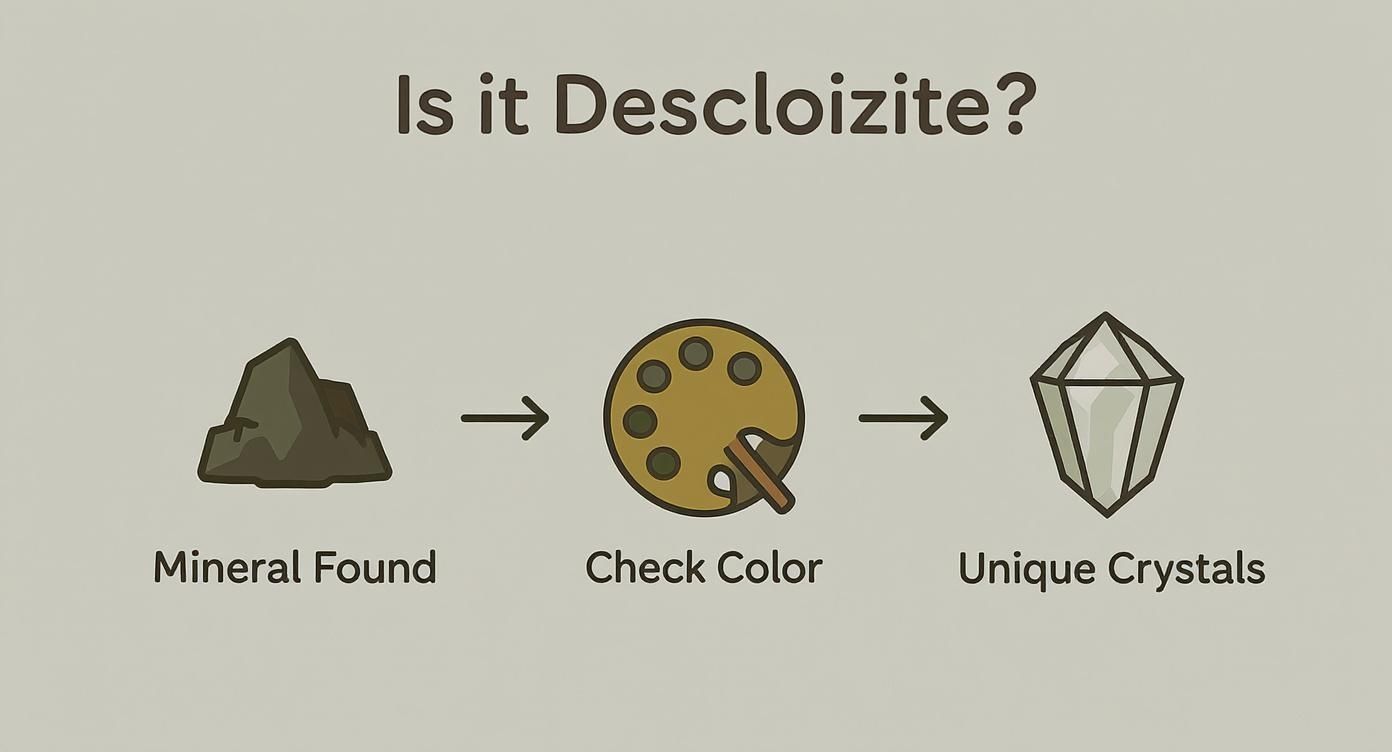 Flowchart showing descloizite mineral identification process from mineral found through color check to unique crystals