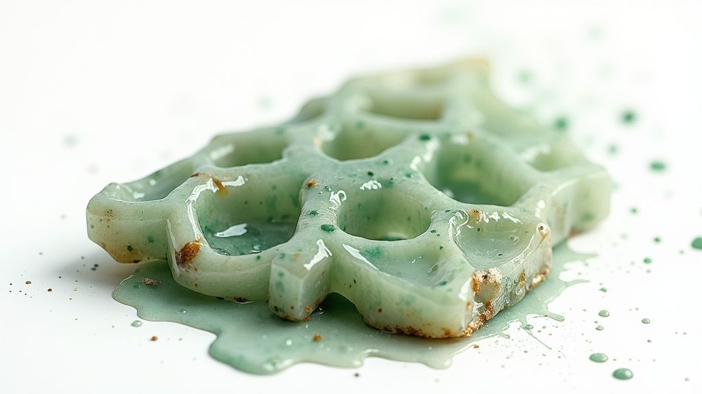 A unique light green Christmas tree-shaped object, possibly made of jade, with a glossy coating on a white background.