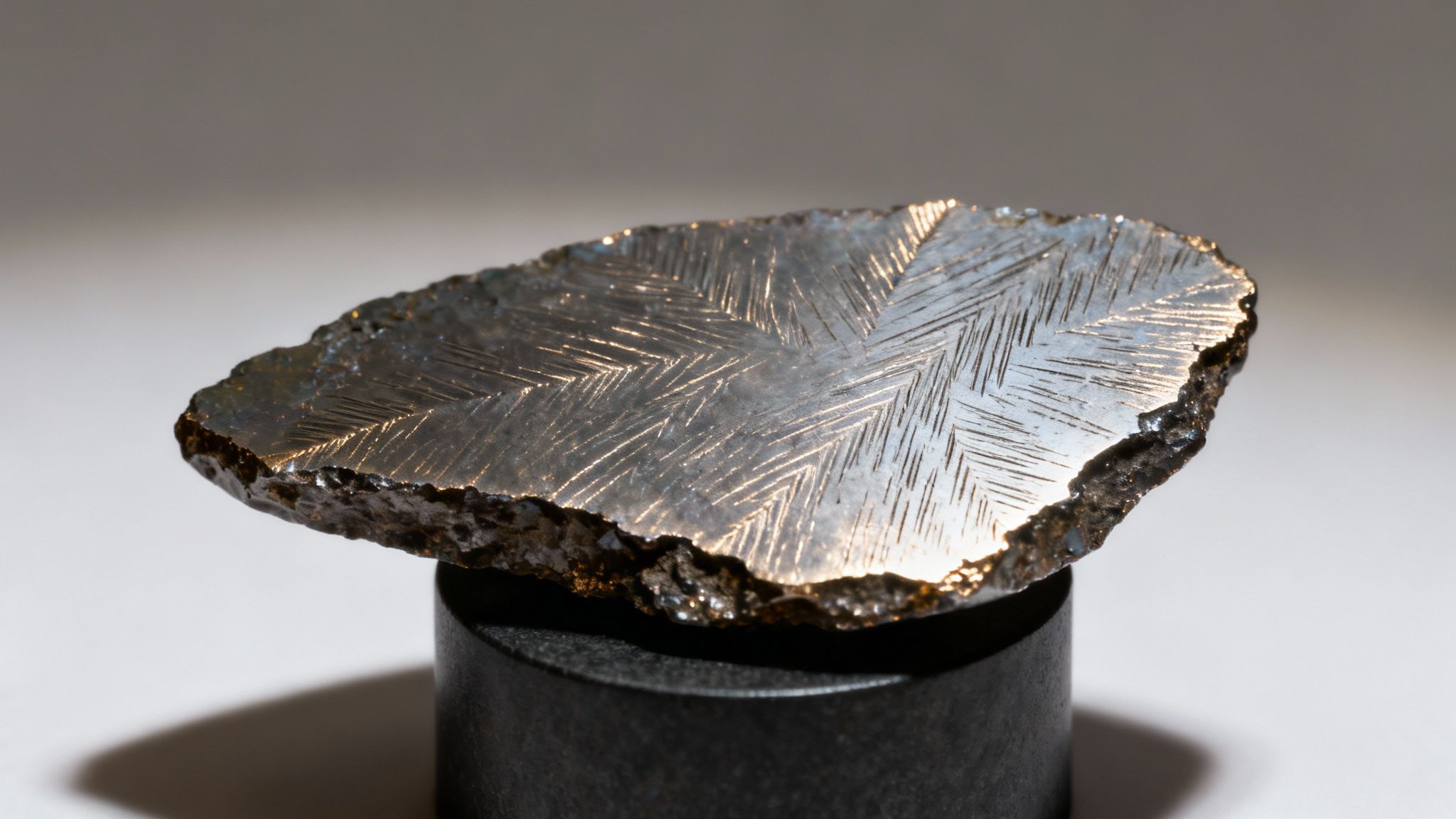 A polished slice of an iron meteorite displaying unique geometric Widmanstätten patterns on a dark stand.
