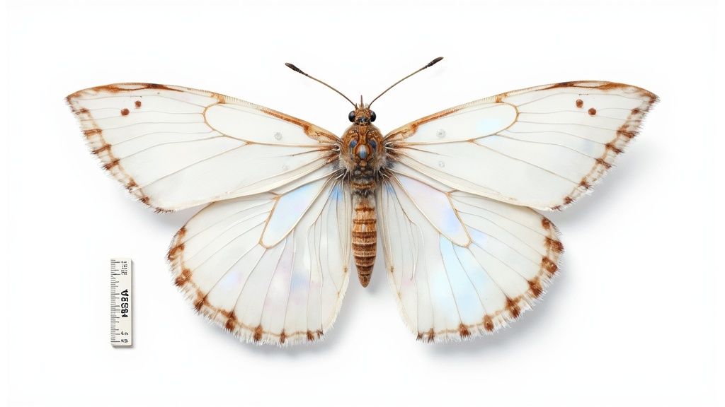 A large white moth specimen with spread wings, brown markings, and a ruler on a white background.