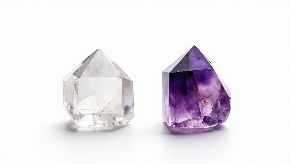 Clear quartz and purple amethyst crystal points displayed side by side on white background