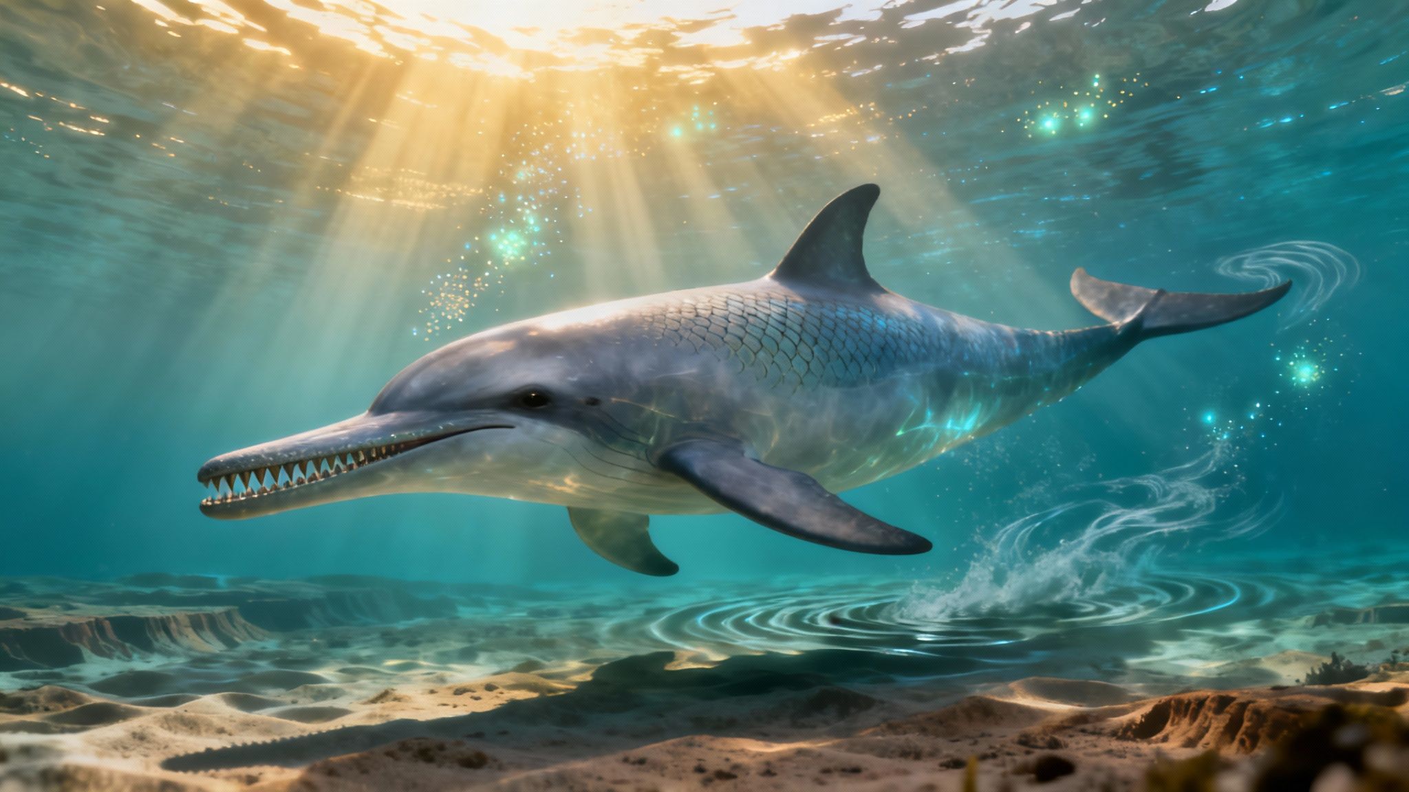 A long-snouted, sharp-toothed dolphin-like creature swims underwater with sunbeams and glowing particles.