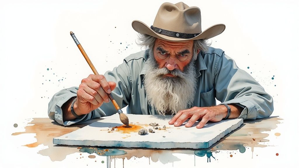 A person examining a mineral specimen with a magnifying glass, with a cataloging notebook and other rocks nearby.
