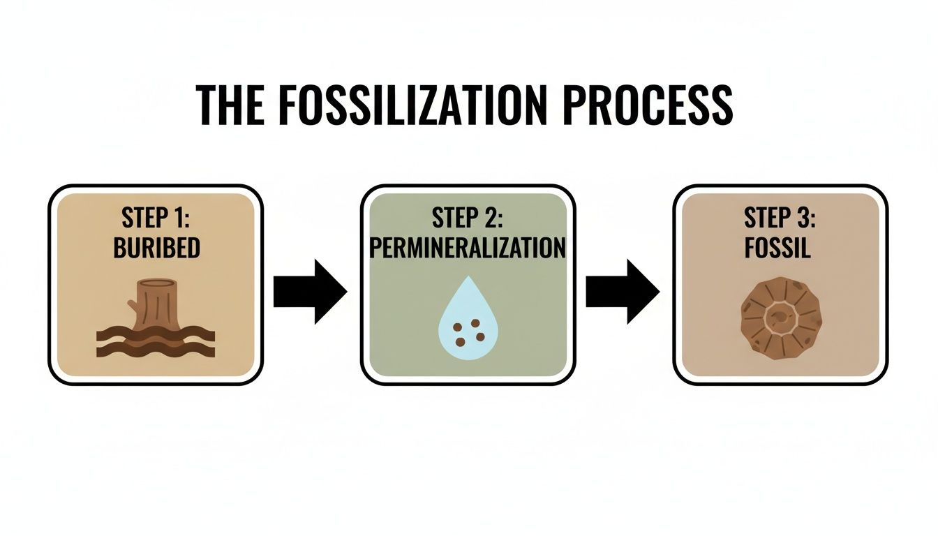 A diagram illustrates the three steps of the fossilization process: buried, permineralization, and fossil.