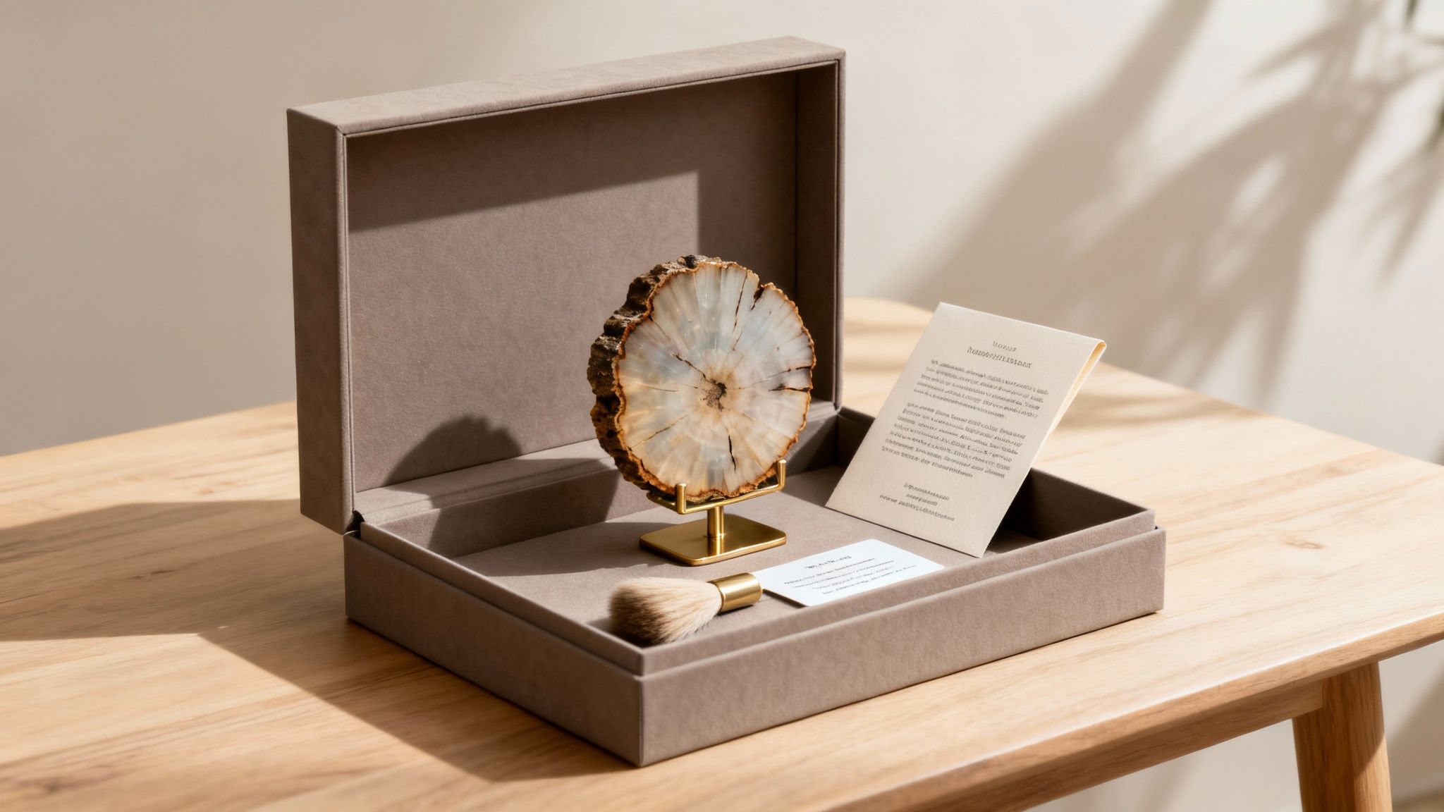A beautiful cross-section of petrified wood on a golden stand, presented in an open velvet gift box.