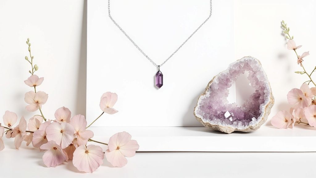 A person wearing a quartz amethyst ring and holding a small amethyst cluster.
