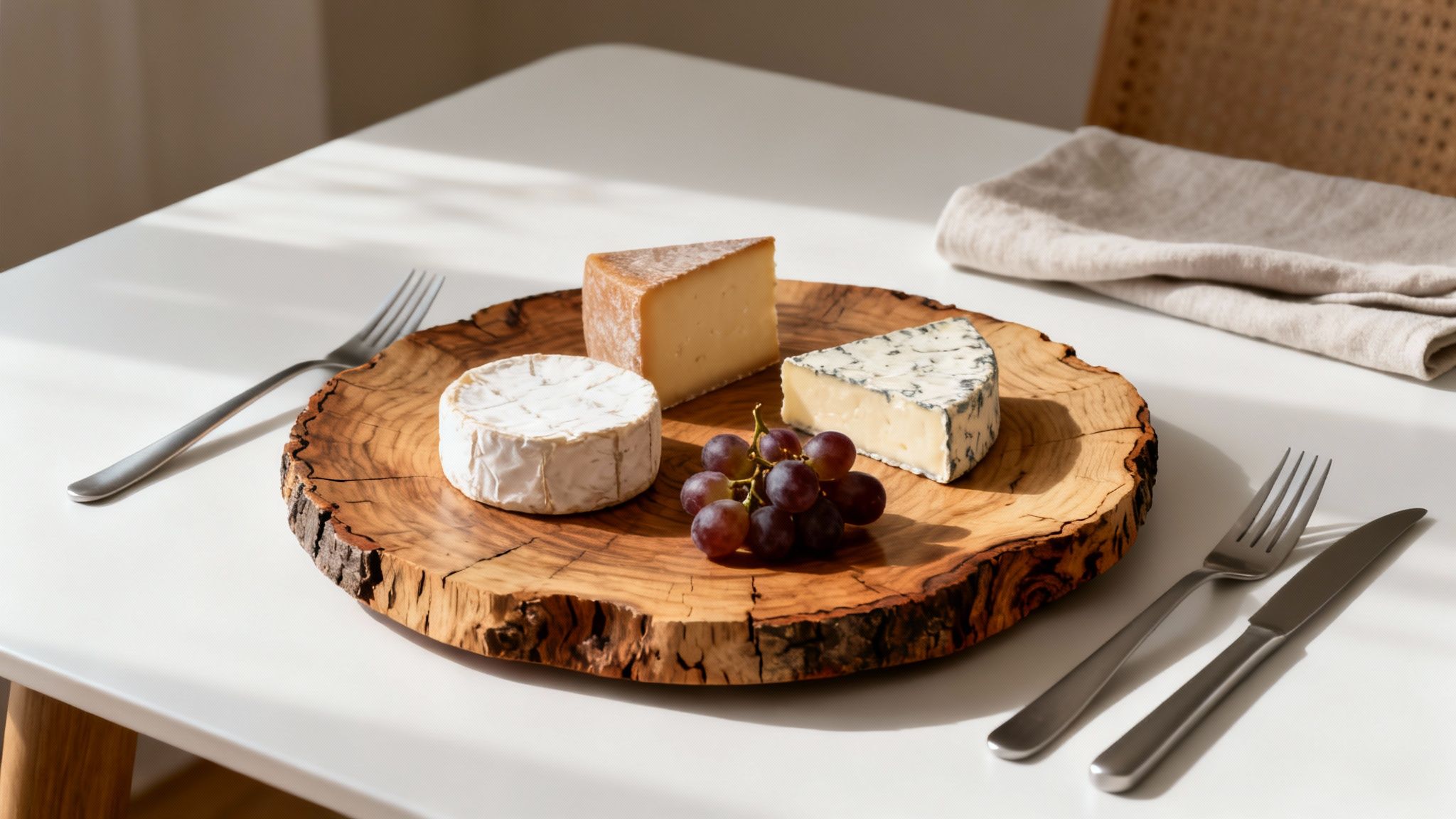 A live-edge wooden platter holds three cheeses and grapes, with cutlery on a white table.