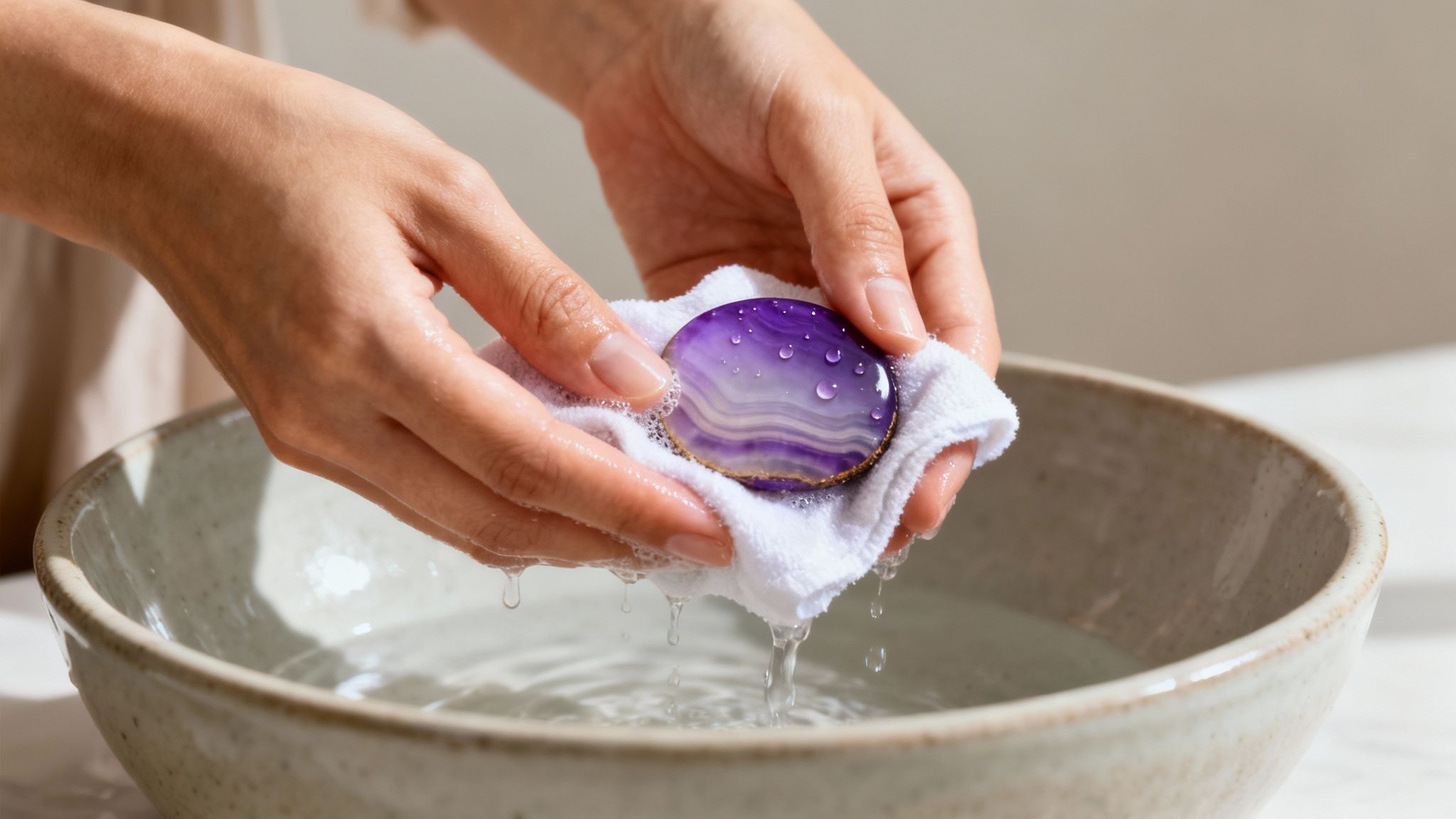 Hands gently cleaning a vibrant purple agate stone with a white cloth over a bowl of water.