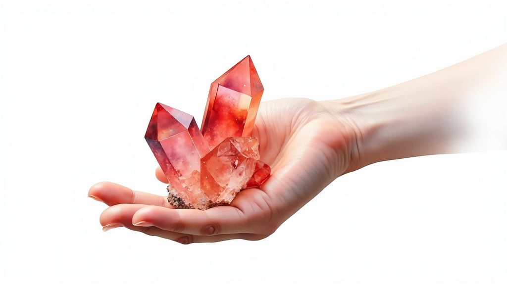 Hand holding vibrant red quartz crystal cluster with multiple pointed formations on white background