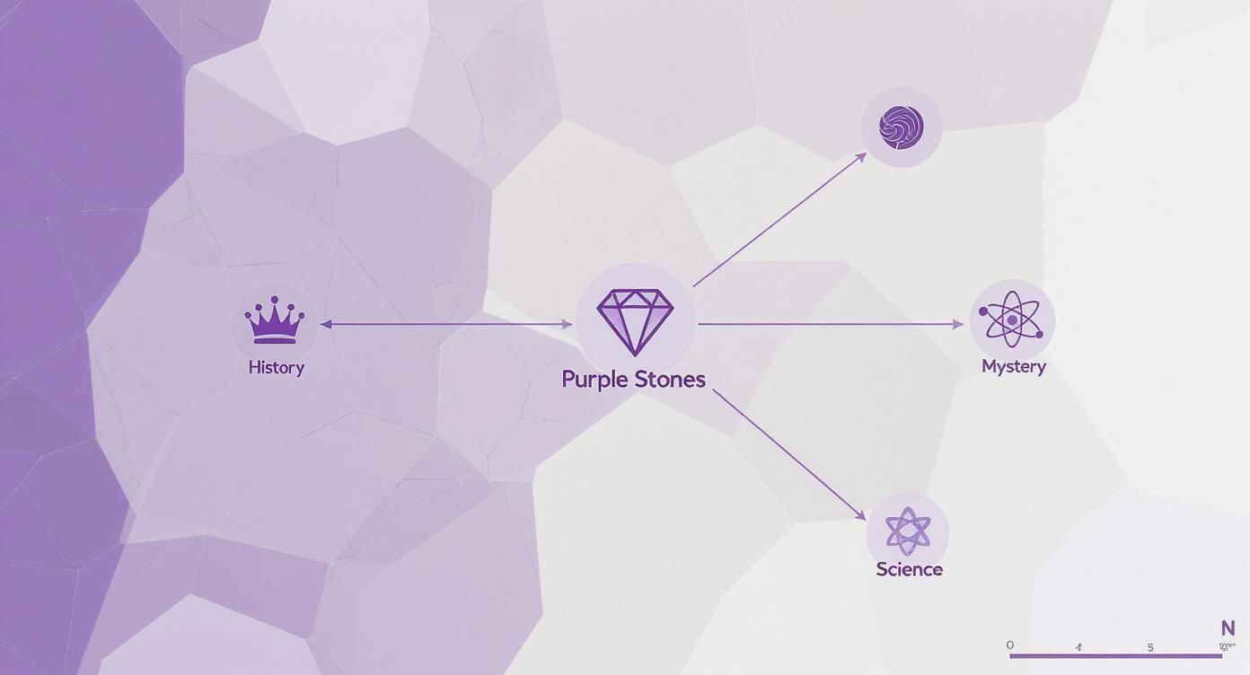 A conceptual diagram illustrating 'Purple Stones' connected to 'History,' 'Mystery,' and 'Science' with relevant icons.