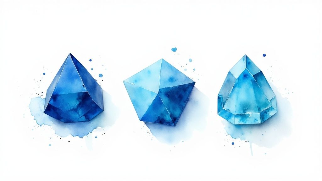 Three blue watercolor geometric crystals on a white background with artistic paint splatters.