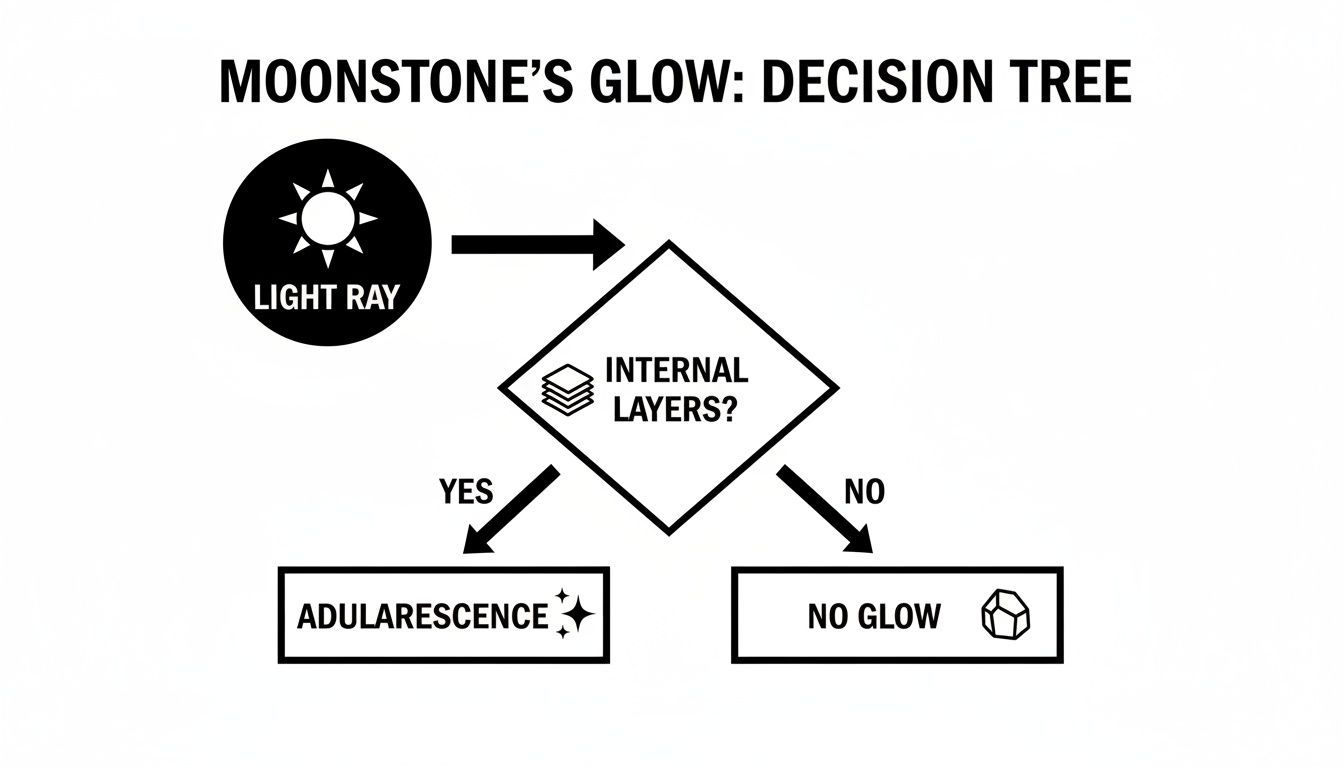 A decision tree flowchart illustrating how moonstone's internal layers create adularescence or no glow.