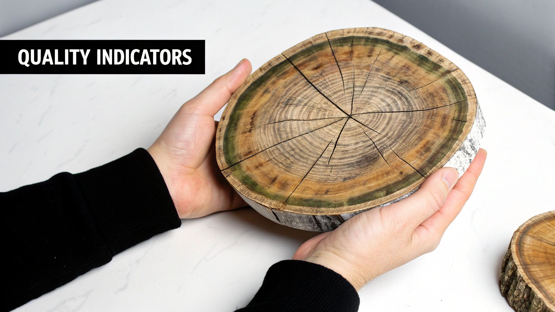 Hands holding a large wooden tree slice with visible annual rings and a 'QUALITY INDICATORS' label.