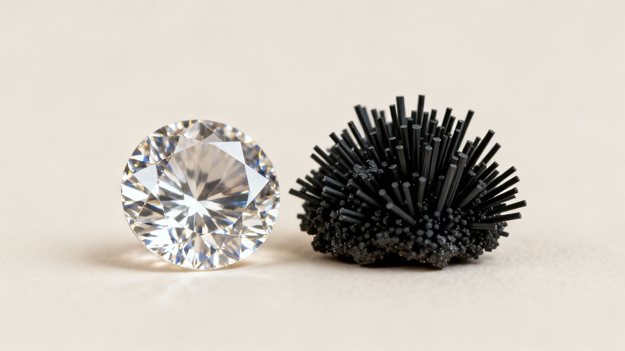 A brilliant-cut diamond sparkling next to a dark, spiky carbon or mineral specimen on a light background.