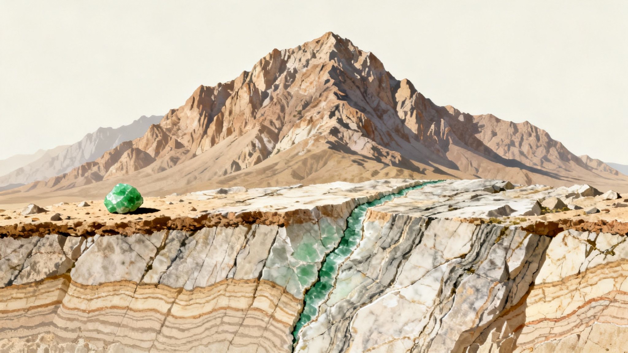 A desert landscape with mountains, a green gem, and a cross-section of layered rock revealing an emerald vein.