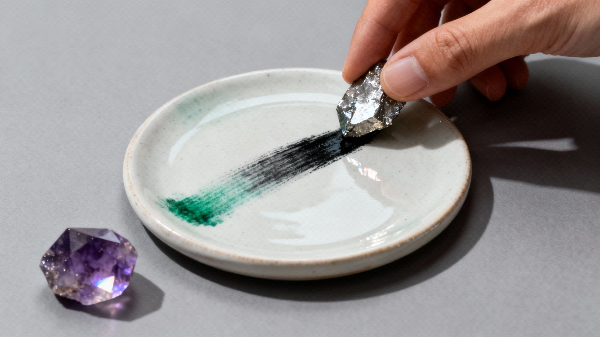 Hand performing a mineral streak test on a ceramic dish, with an amethyst crystal nearby.