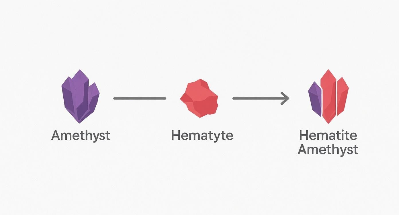 Diagram showing Amethyst and Hematyte minerals combining to form Hematite Amethyst.