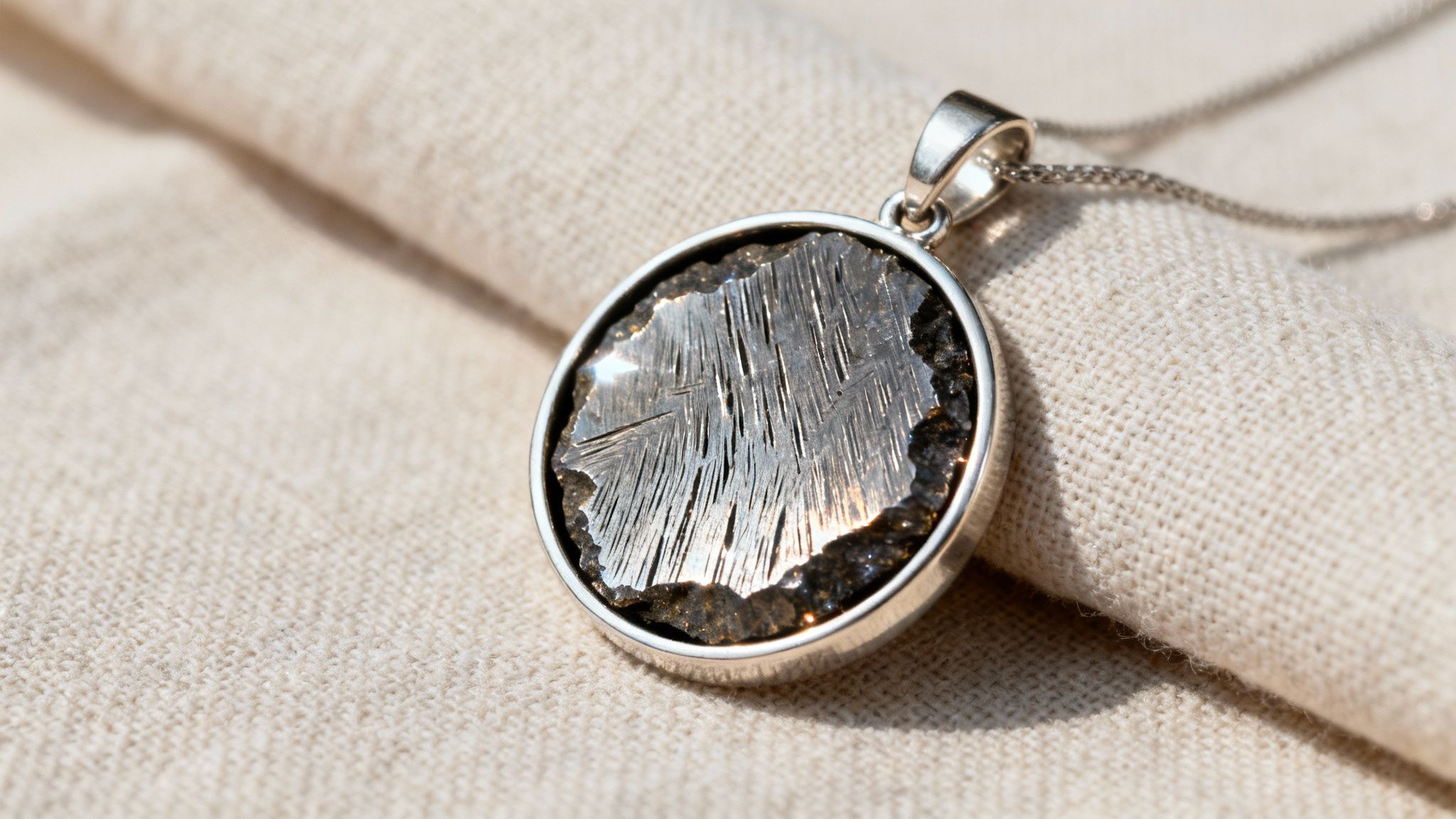 Close-up of a silver pendant featuring a polished meteorite slice with a striking crystalline pattern, resting on a beige fabric.
