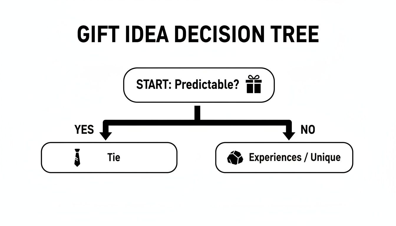 A gift idea decision tree showing 'Predictable?' as the starting point. If 'YES', the gift is 'Tie'. If 'NO', the gift is 'Experiences / Unique'.