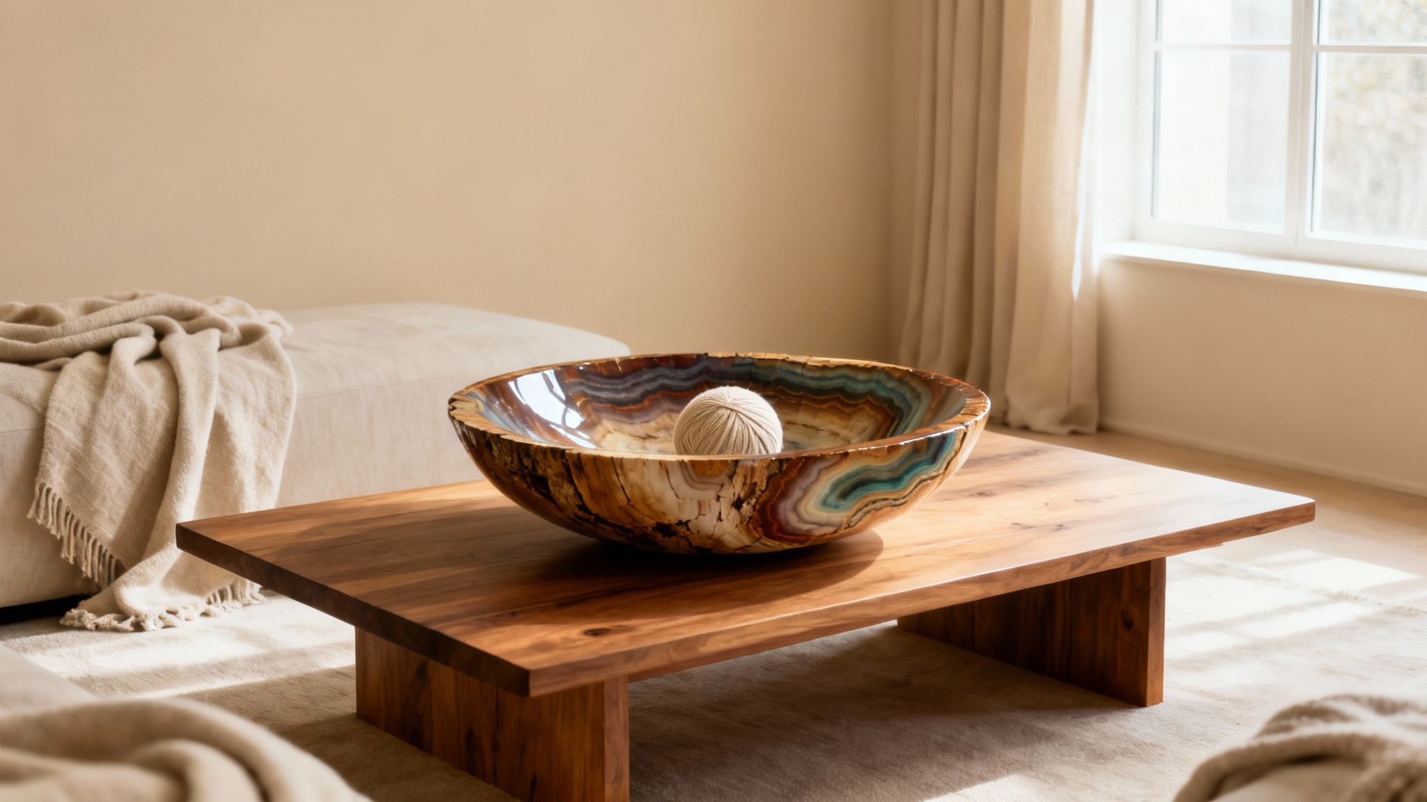 A stunning petrified wood bowl with yarn on a wooden coffee table in a bright living room.