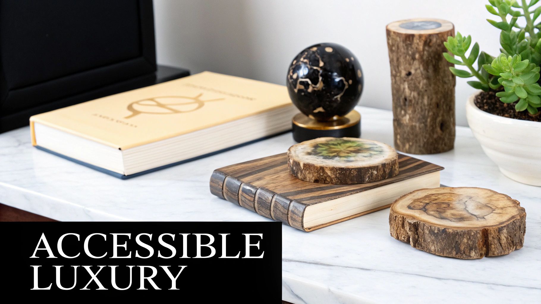 A stylish vignette on a marble surface featuring books, a black sphere, petrified wood decor, and a succulent.