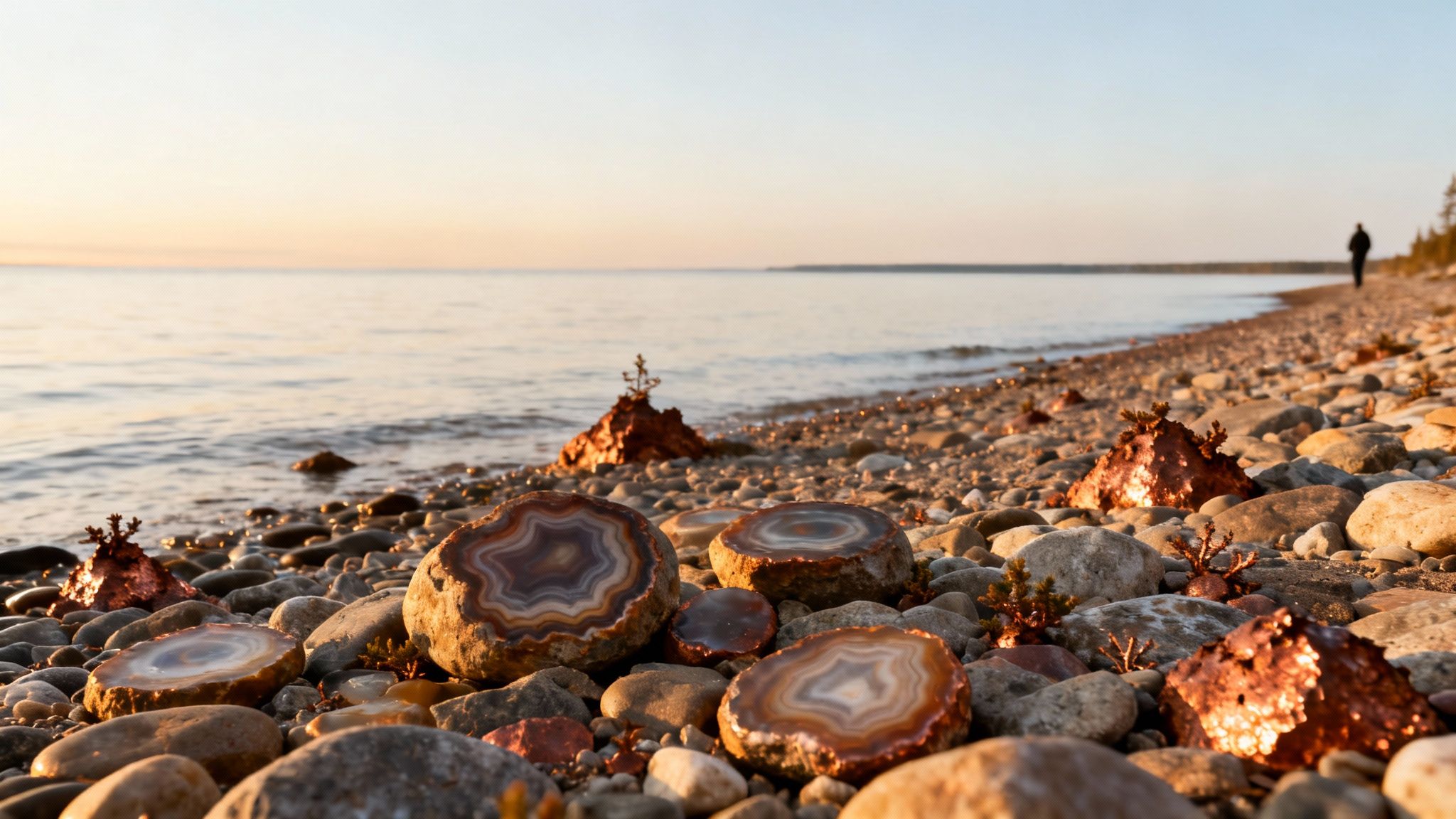 Agates and copper nuggets on a rocky beach by a lake at sunset with a distant person.