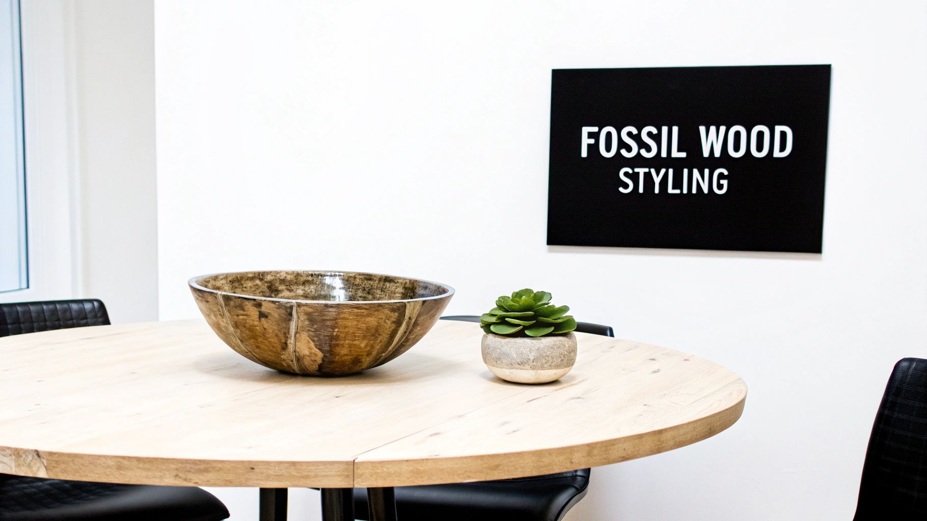 Stylish room with a round wood table, decorative bowl, plant, and "FOSSIL WOOD STYLING" sign.