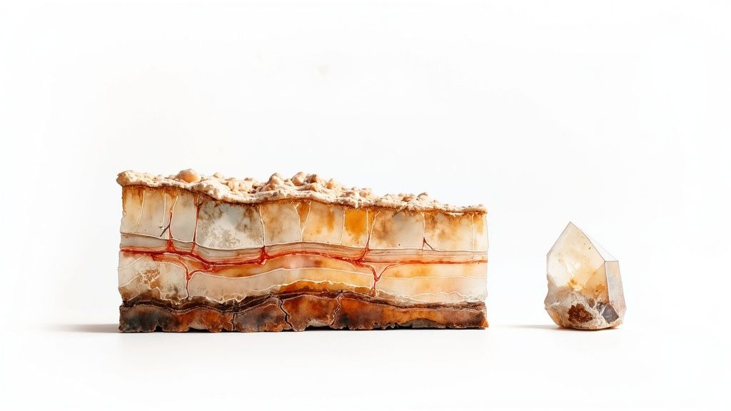 Natural layered red and orange quartz crystal slab displayed with small clear quartz point