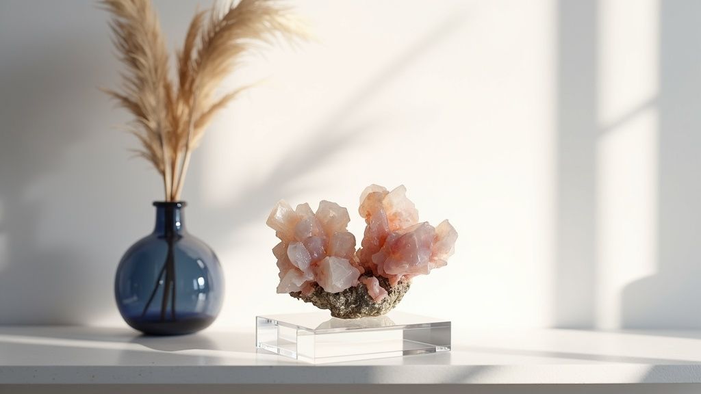 A beautiful piece of Manganoan Calcite displayed on a wooden surface.