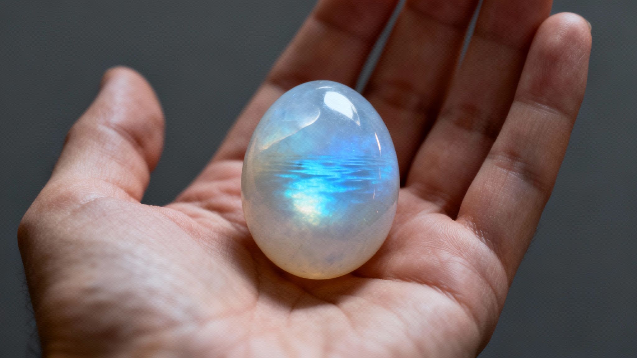 A person's hand gently holds a luminous, polished moonstone egg displaying beautiful blue iridescence.
