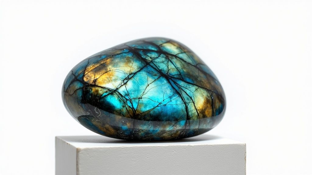 A polished labradorite gemstone, showing vibrant blue and golden iridescence with dark veins, on a white stand.