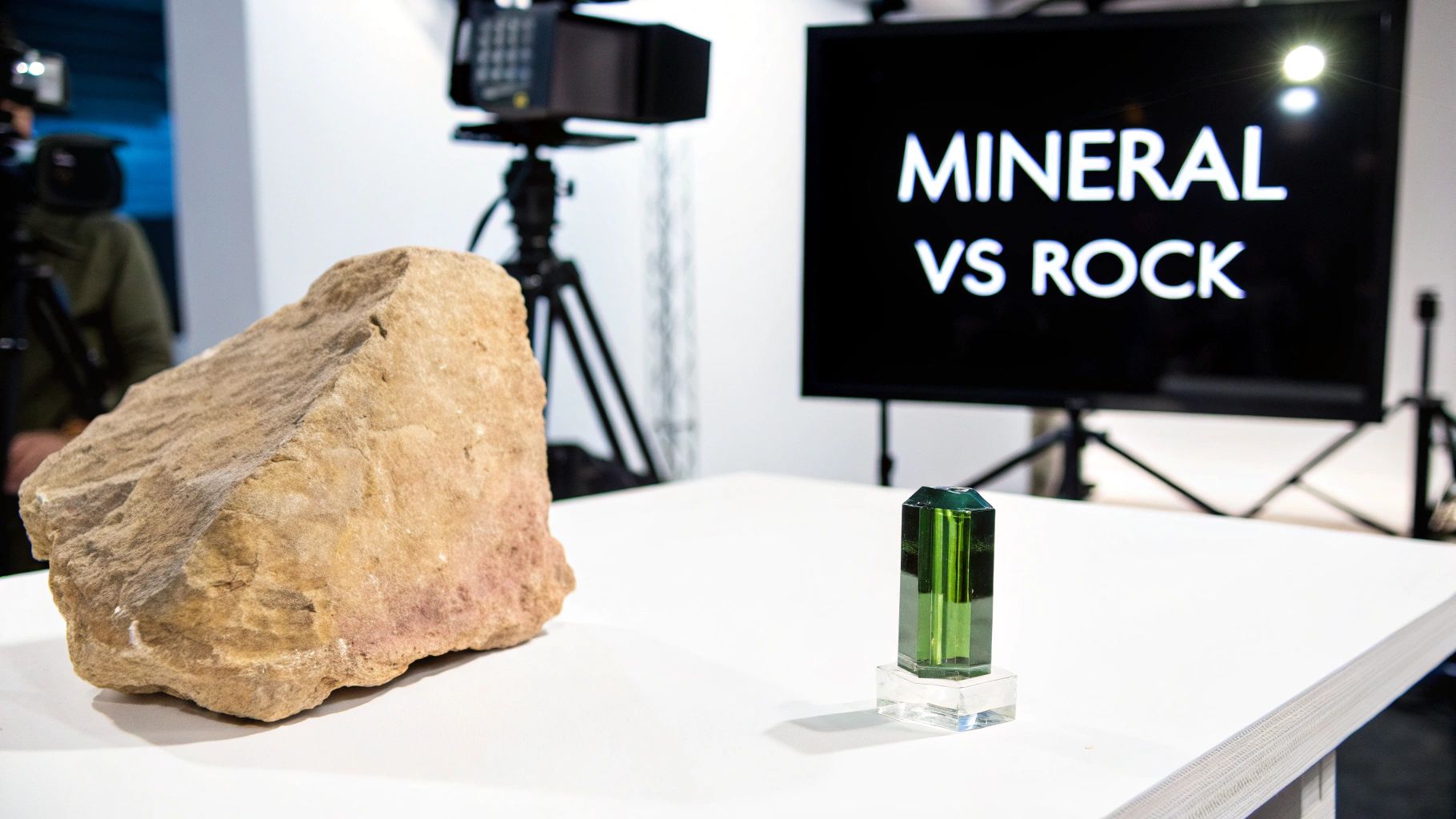 Rough rock and green mineral crystal on a white table, with 'MINERAL VS ROCK' on a screen.