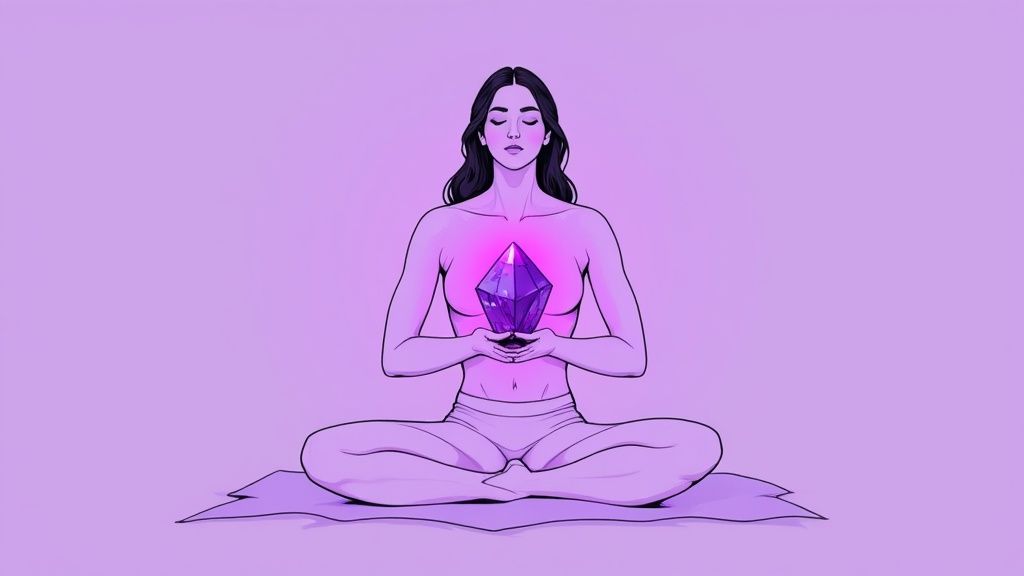 A person meditating with a small amethyst crystal held between their hands.