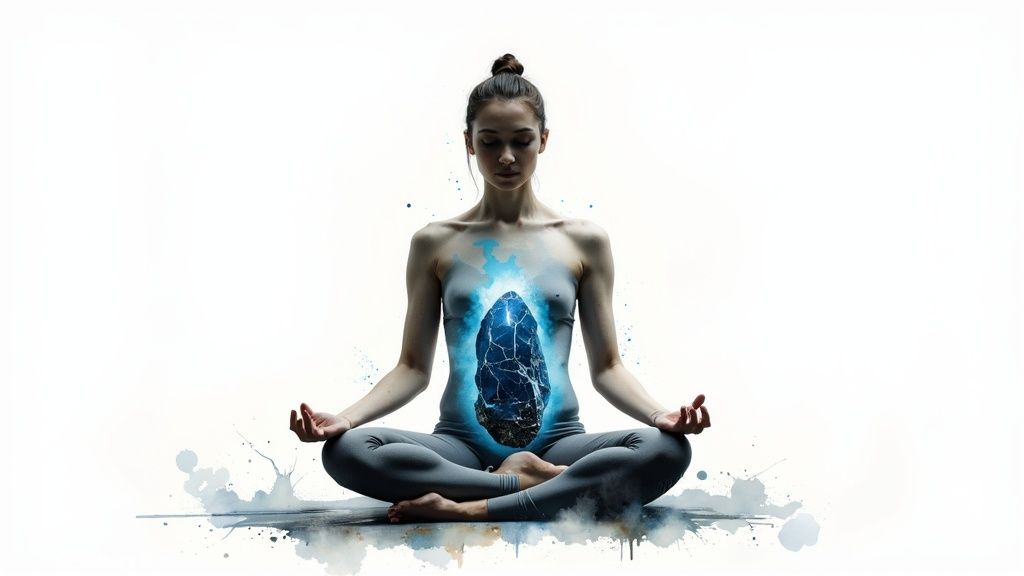 A person holding a smooth, polished blue onyx stone in their palm.