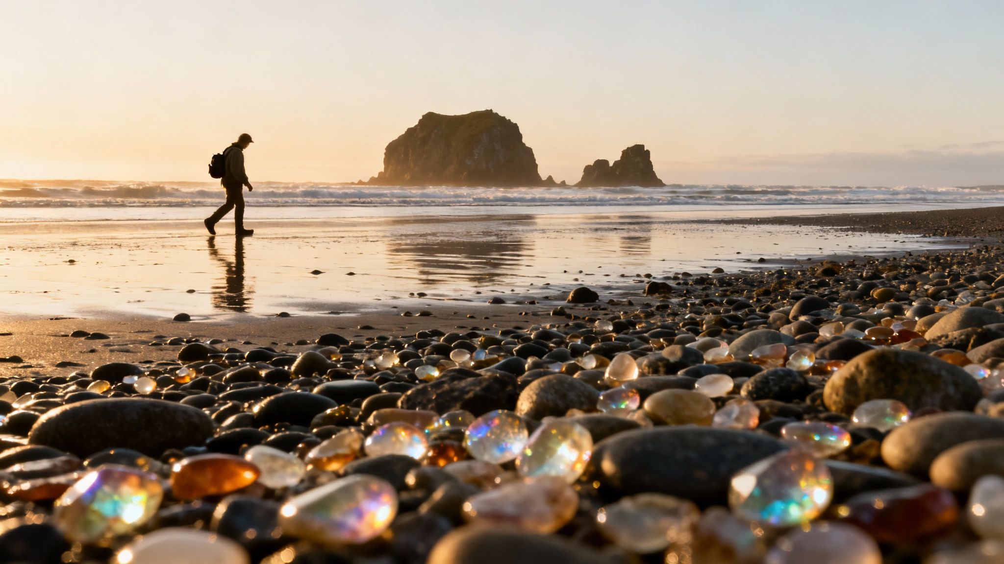 A person walks along a stunning Washington state beach filled with iridescent agates at sunset.