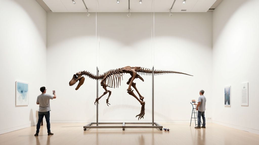 A large dinosaur skeleton is suspended in a bright, minimalist museum gallery with two visitors.