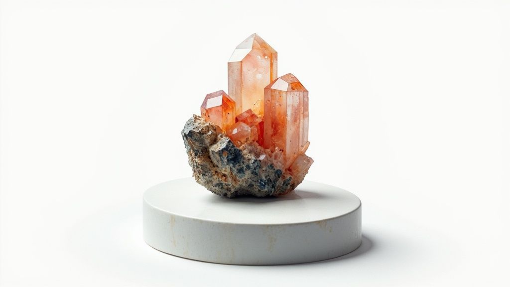 A cluster of vibrant orange-red quartz crystals on a rock base sits on a white pedestal.