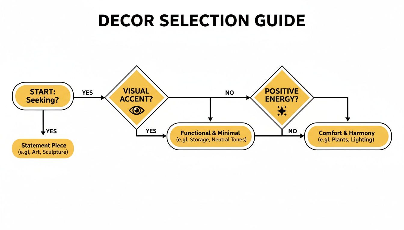 Flowchart guide for decor selection, illustrating choices between statement pieces, functional, or comfort items.