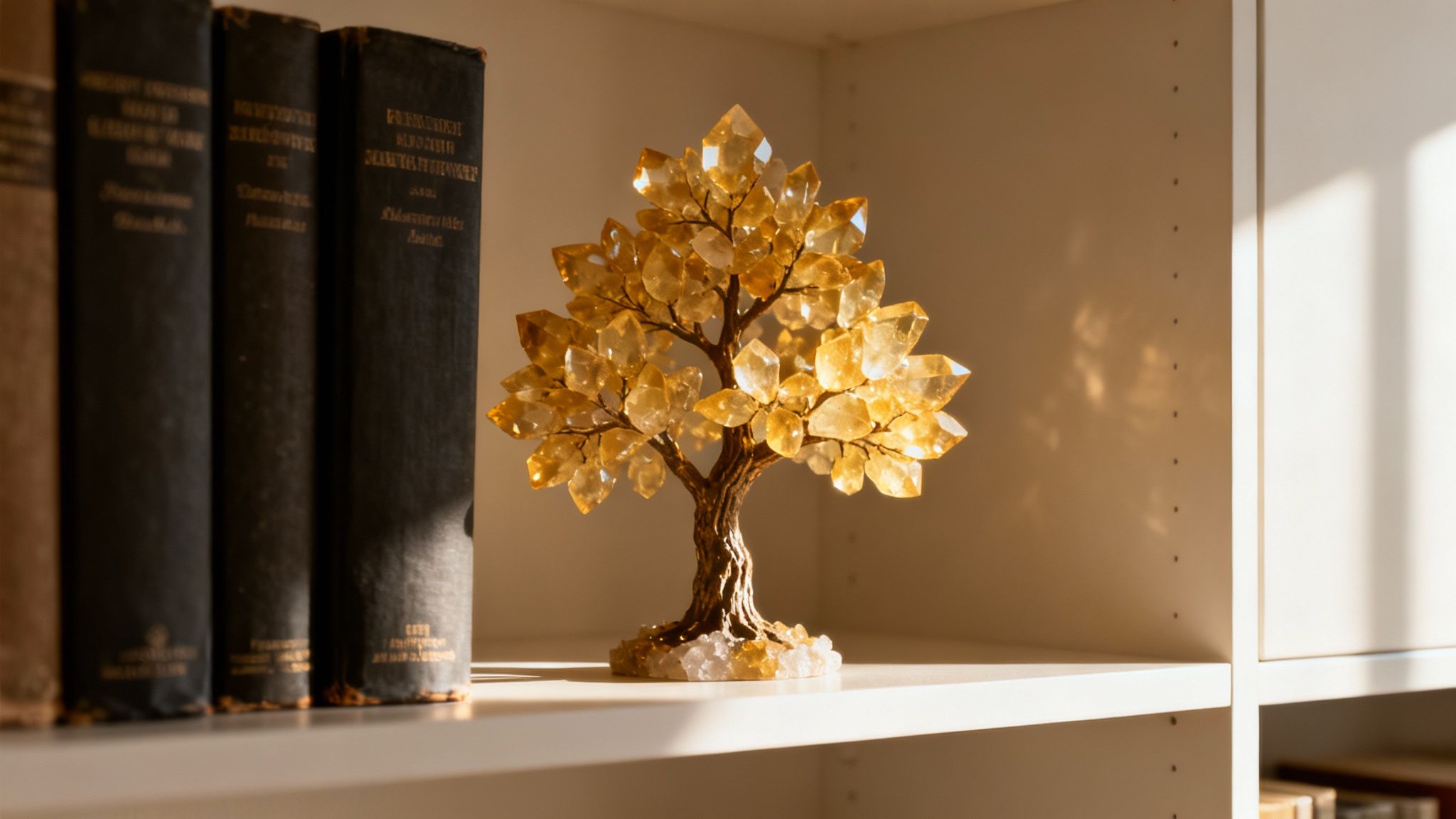 A sparkling citrine crystal tree sculpture on a white bookshelf next to old books, bathed in sunlight.