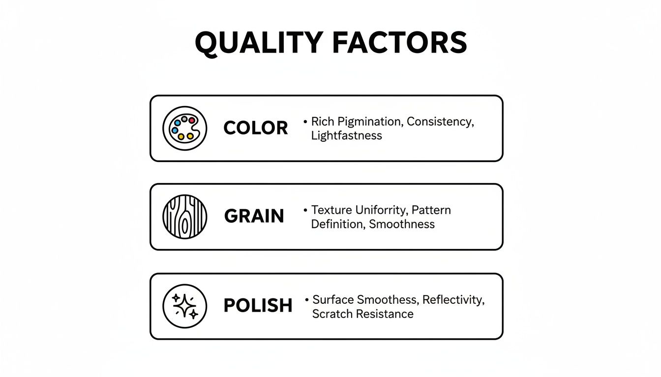 An infographic detailing product quality factors: color, grain, and polish, with their respective characteristics.
