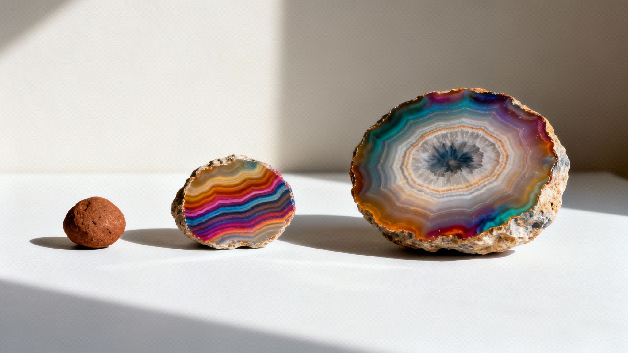 Three natural stones: a reddish-brown rock, a rainbow-banded agate slice, and a large colorful geode.
