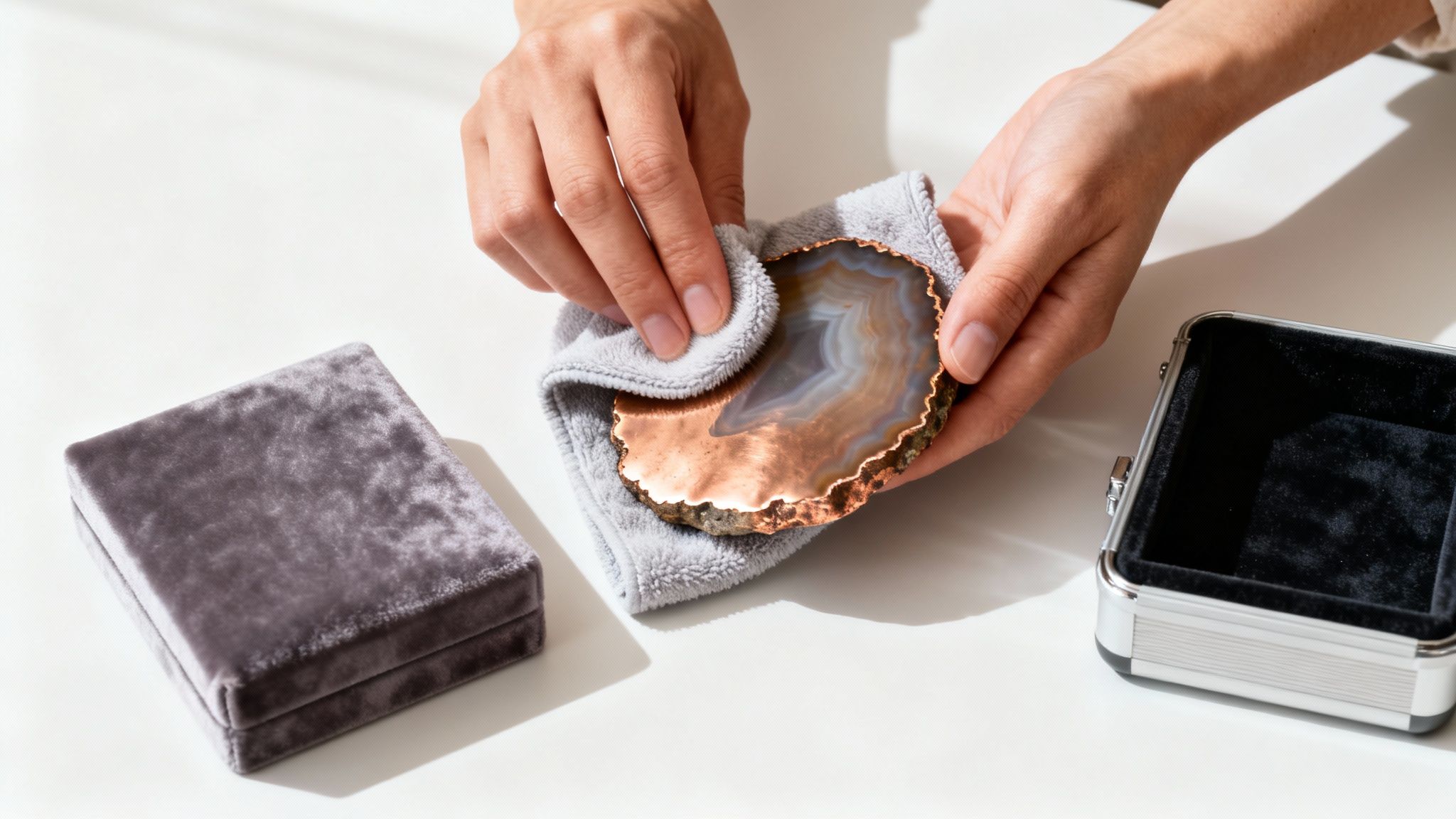 Close-up of hands cleaning a natural agate coaster with copper edges using a soft gray cloth, with storage boxes nearby.