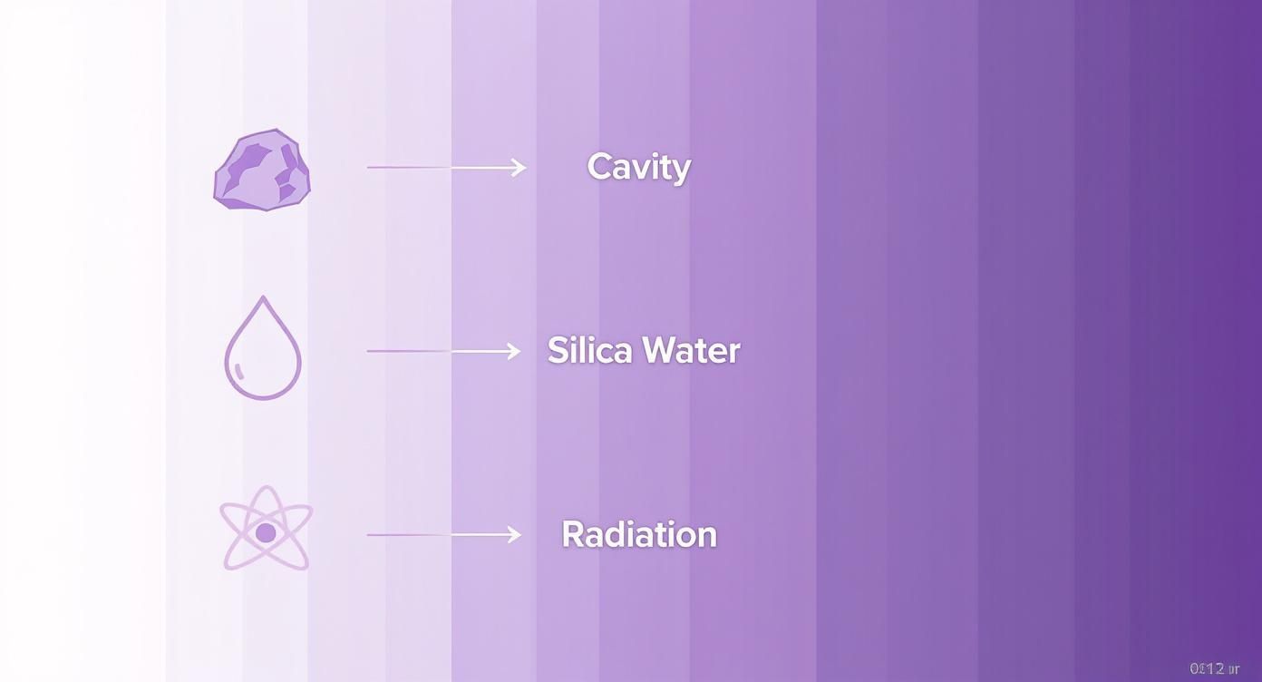 Icons and text illustrate three scientific concepts: cavity, silica water, and radiation, on a purple gradient background.