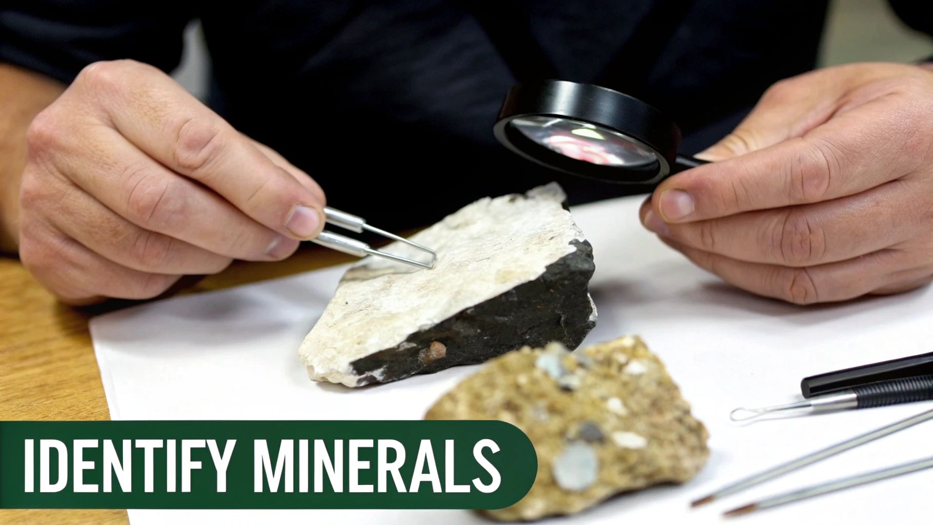 Close-up of a person's hands using tweezers and a magnifying glass to examine mineral samples.